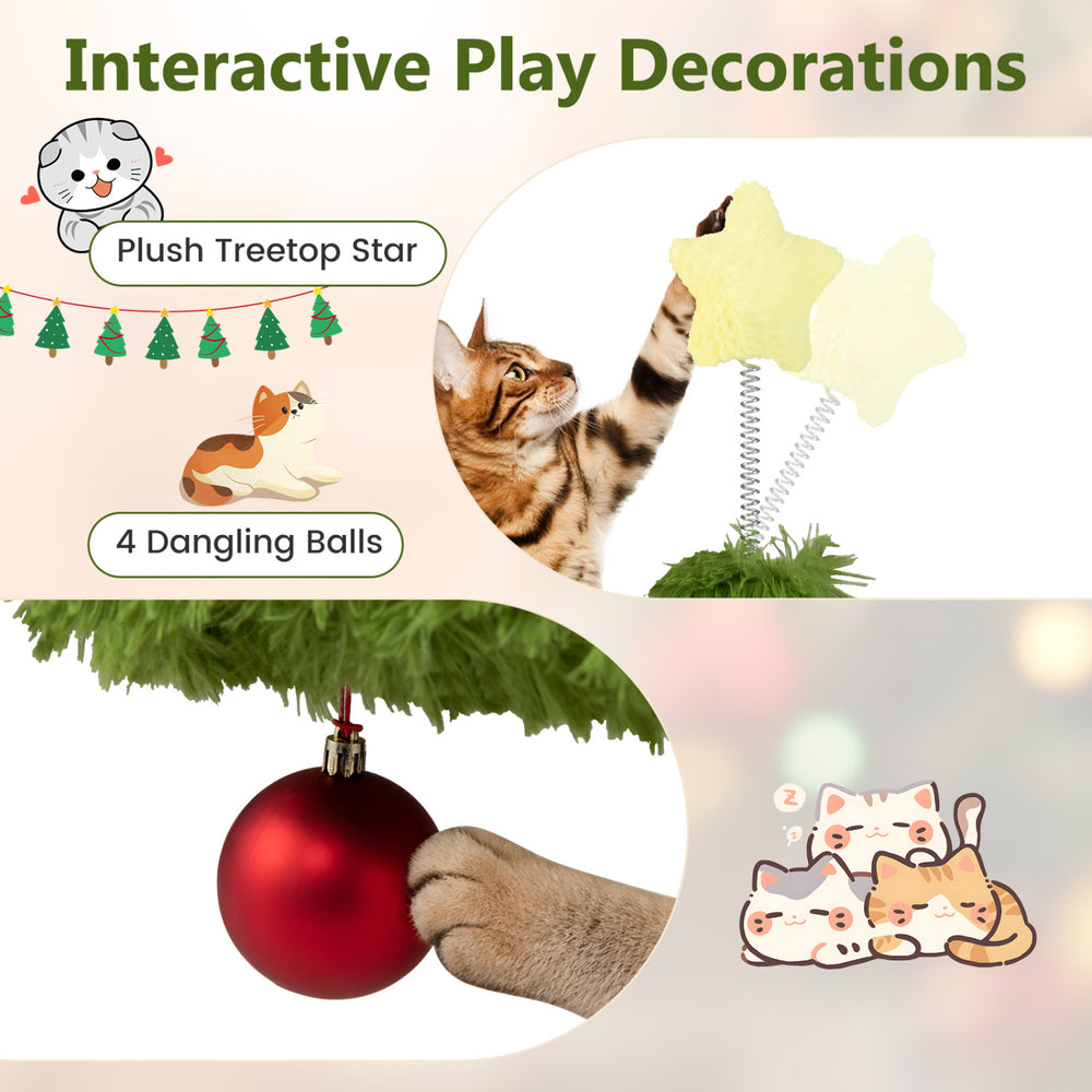 Interactive Christmas cat tree featuring plush decorations, dangling balls, and a sturdy scratching post for feline fun.
