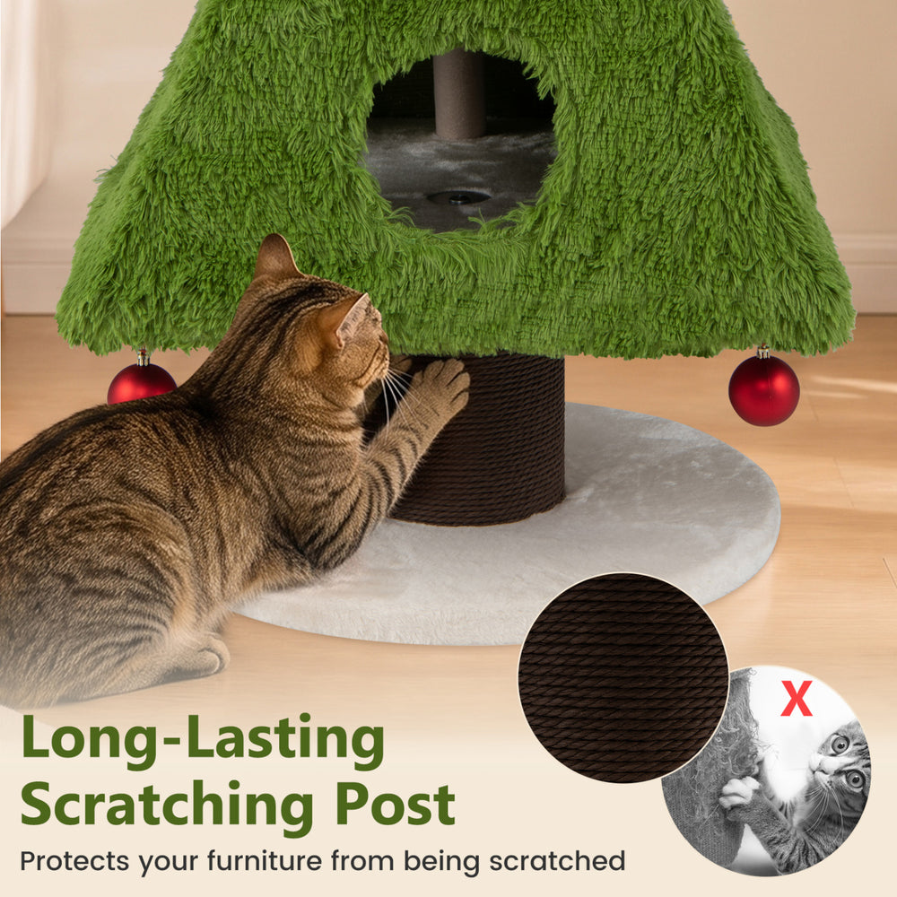 Christmas-themed cat tree featuring a soft plush hideout, scratching post, and dangling balls for playful exploration.