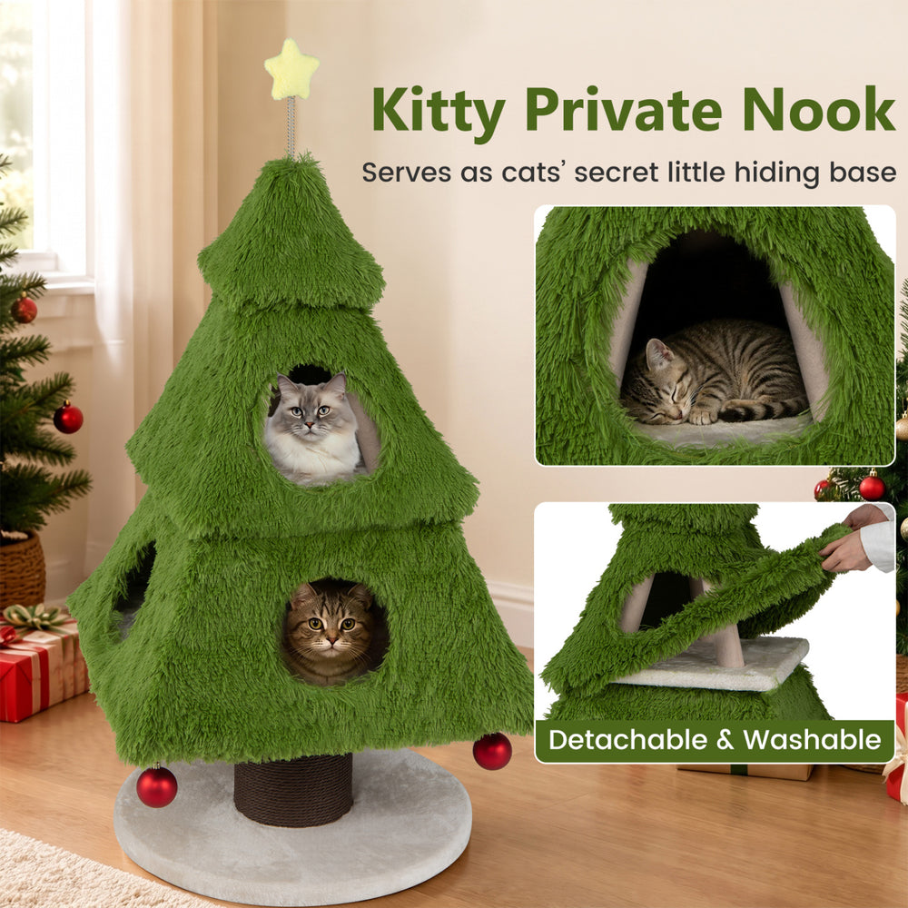 Christmas-themed cat tree in green features cozy hideouts, scratching post, and dangling balls for playful exploration.