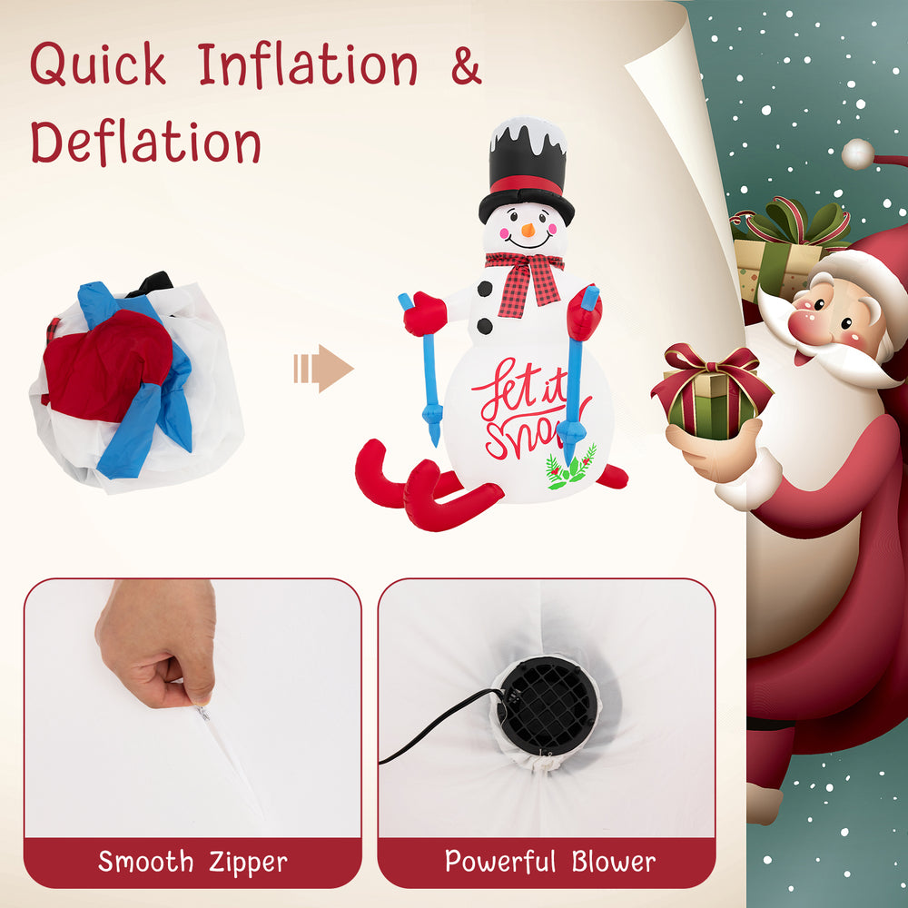 6FT Christmas inflatable decoration with LED lights, quick inflation zipper, and built-in sandbag for outdoor stability.