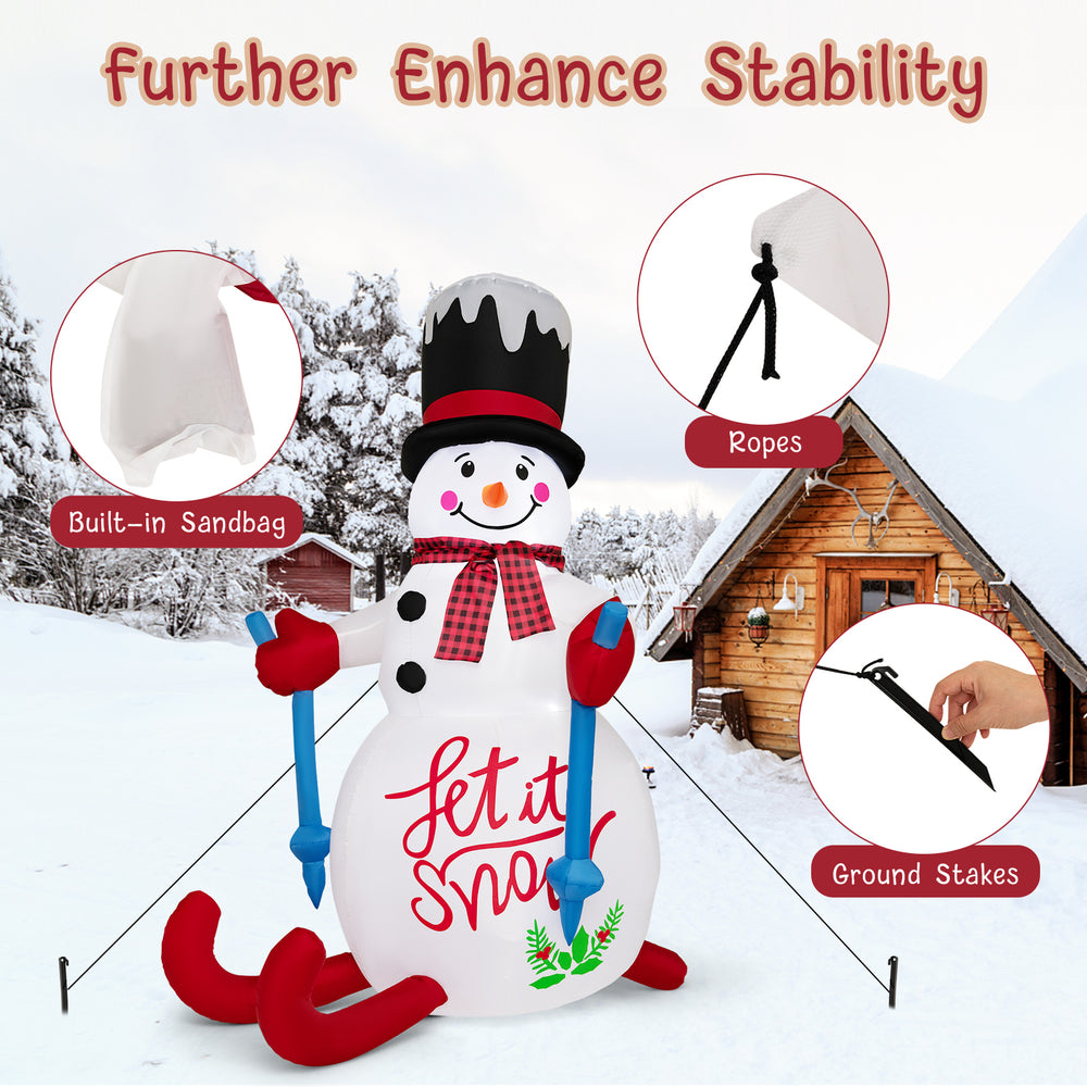 6FT Christmas inflatable decoration with built-in sandbag, LED lights, and stability accessories for outdoor festive.