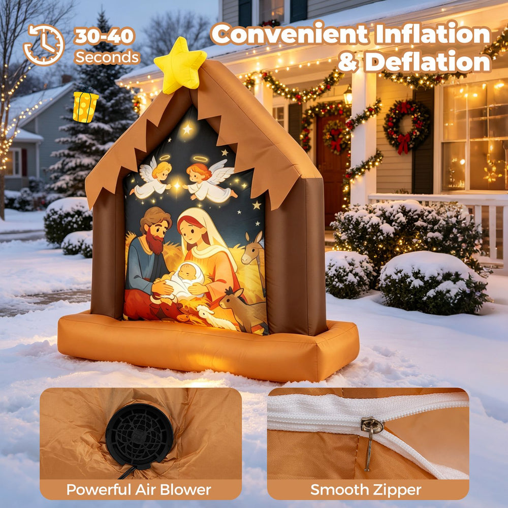 Christmas inflatable nativity scene featuring a holy family design, built-in lights, and easy inflation for festive outdoor decor.