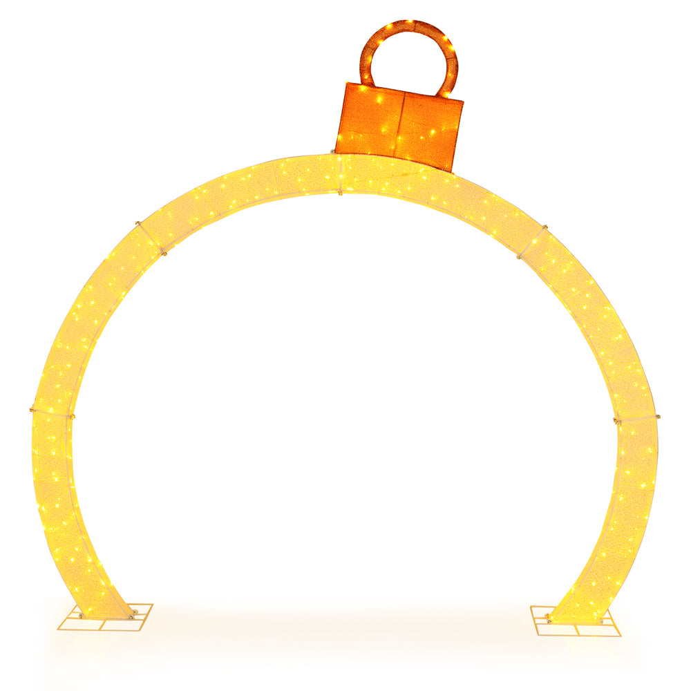 Large 10.5 feet pre-lit arch with gold ornament cap and 300 warm white LED lights for festive outdoor decoration.