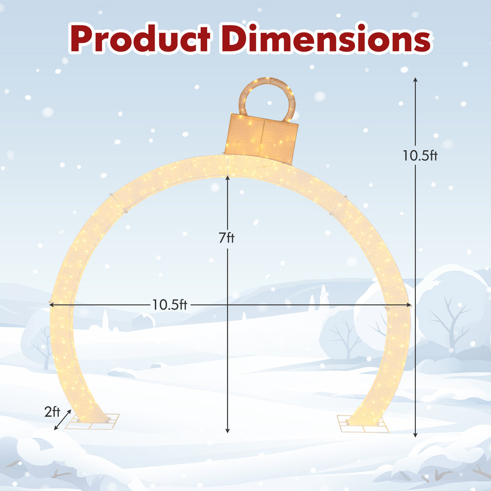 Dimensions of the 10.5 feet Christmas pre-lit arch with gold ornament cap, featuring 300 warm white LED lights.