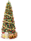 Pre-lit 9 FT artificial Christmas tree with realistic PVC leaves, adorned with red berries and warm-white LED lights.