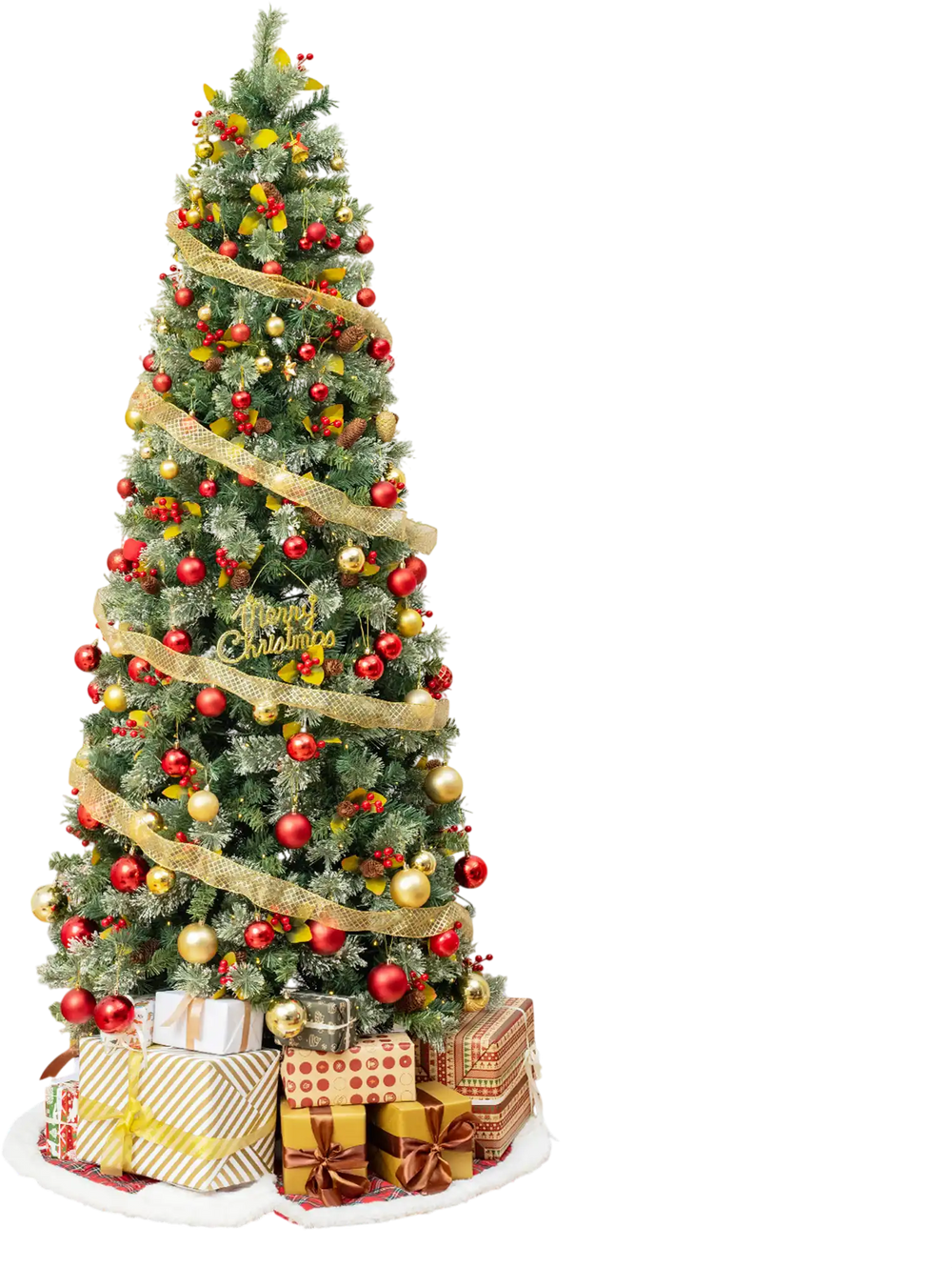 Pre-lit 9 FT artificial Christmas tree with realistic PVC leaves, adorned with red berries and warm-white LED lights.