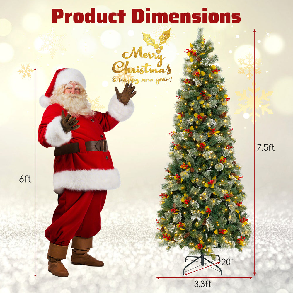 7.5 ft pre-lit artificial Christmas tree with PVC and pine needles, adorned with berries and lights for festive decor.