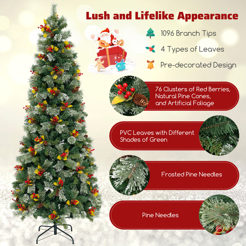 Full-bodied 9 FT pre-lit artificial Christmas tree with red berries, pine cones, and warm-white LED lights for festive.