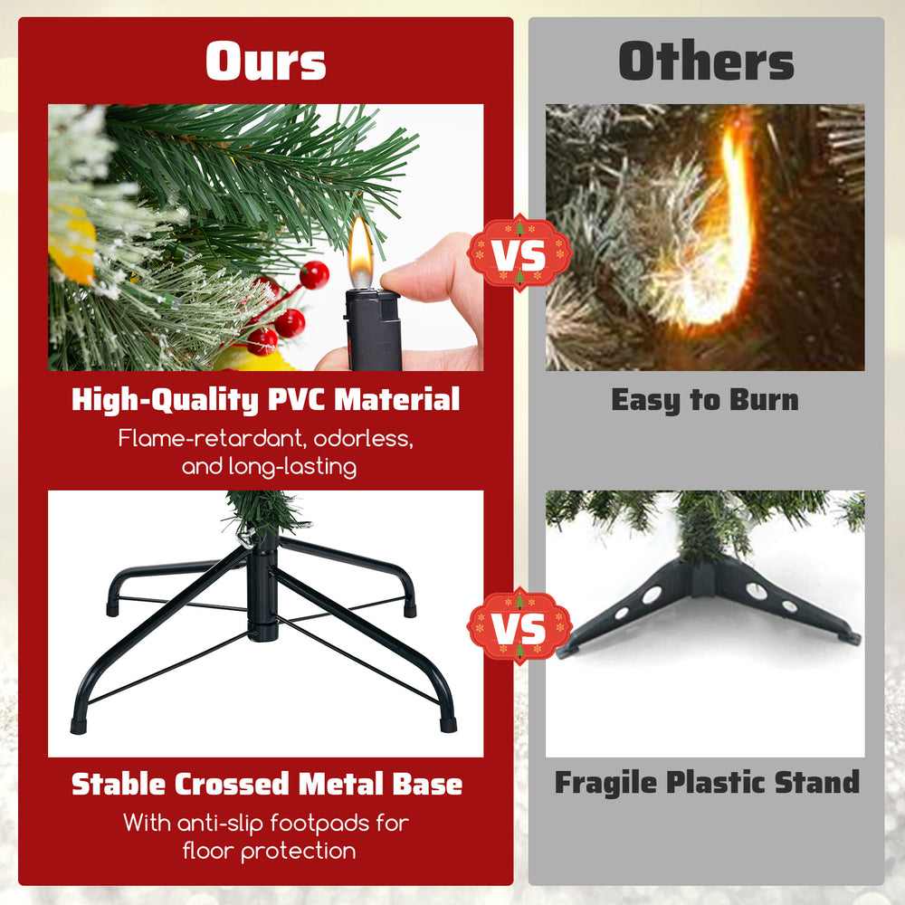 Pre-lit artificial Christmas tree with PVC and pine needles, featuring a stable metal base and warm-white LED lights.