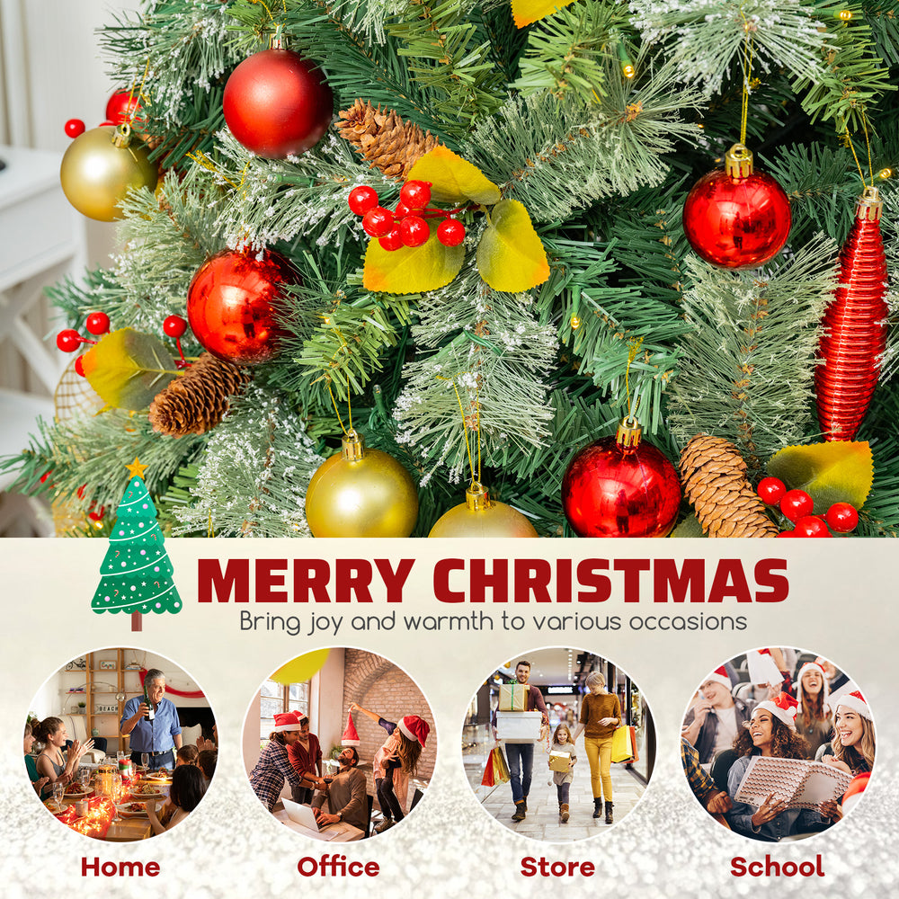 Pre-lit artificial Christmas tree with PVC and pine needles, adorned with berries and lights, perfect for festive.