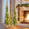 Slim pre-lit artificial Christmas tree with warm white LED lights, ideal for enhancing festive decor in compact spaces.