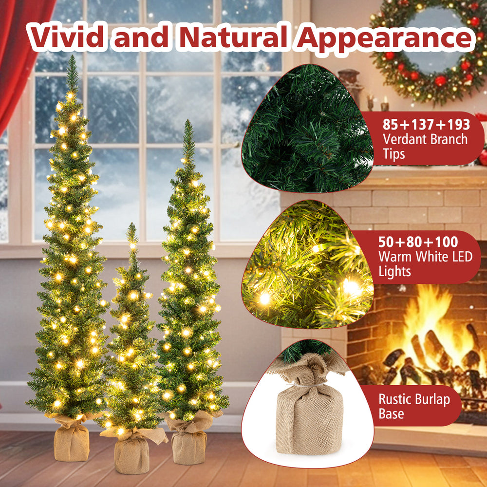 Set of 3 pre-lit artificial Christmas trees with 415 green branch tips and warm white LED lights for festive decor.
