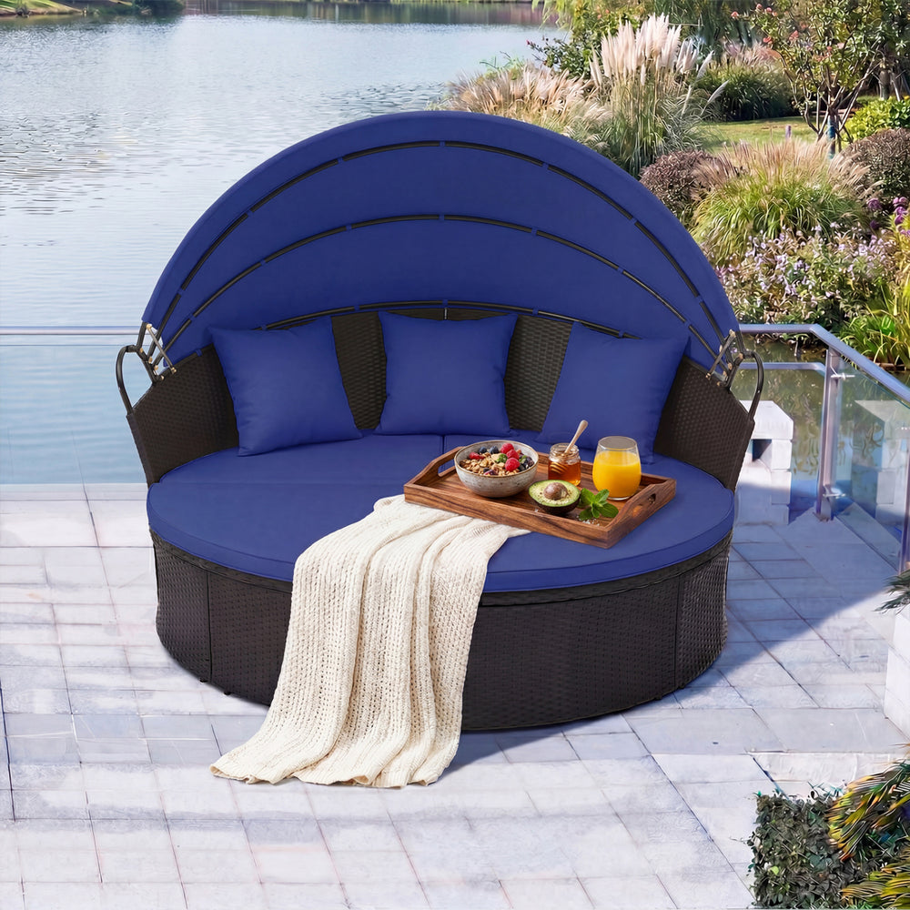 Clamshell Patio Round Daybed Wicker with Retractable Canopy and Pillows-Navy - Gallery View 1 of 9