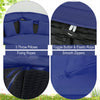 Close-up of the Clamshell patio round daybed in blue, featuring smooth zippers, fixing ropes, and three throw pillows.