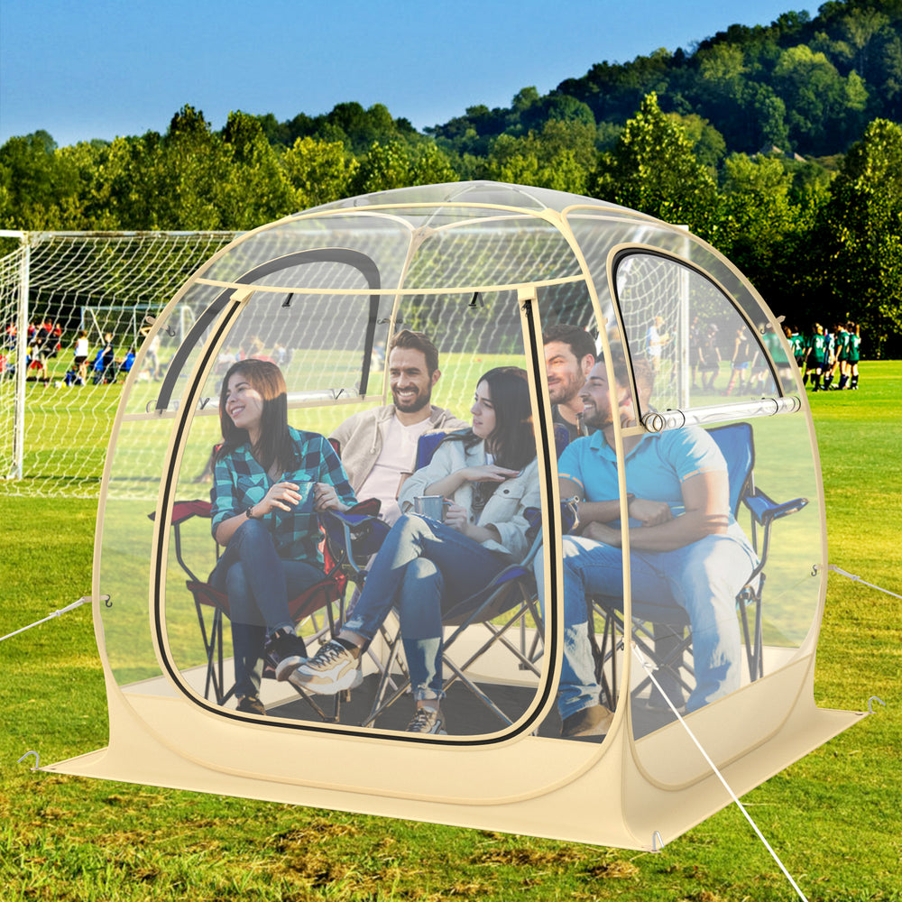Transparent pop-up sports tent for 5-6 people, featuring a waterproof floor mat, ideal for outdoor events and camping.