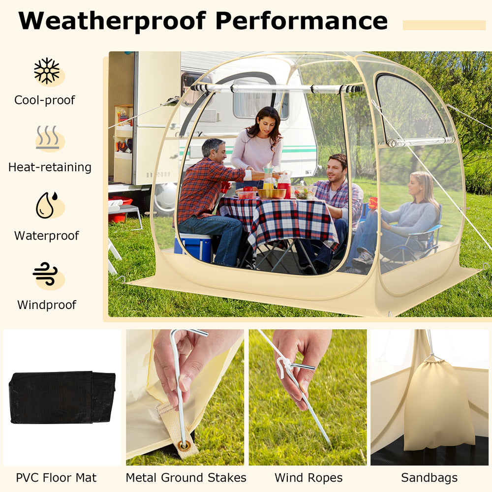 Instant pop-up sports tent with transparent PVC, waterproof floor mat, and carrying bag, perfect for outdoor activities.