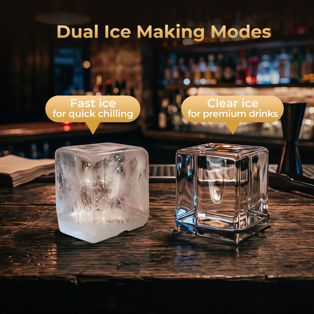 Clear ice cube maker produces 1.6-inch cubes with dual modes for quick chilling or premium drinks, ideal for entertaining.
