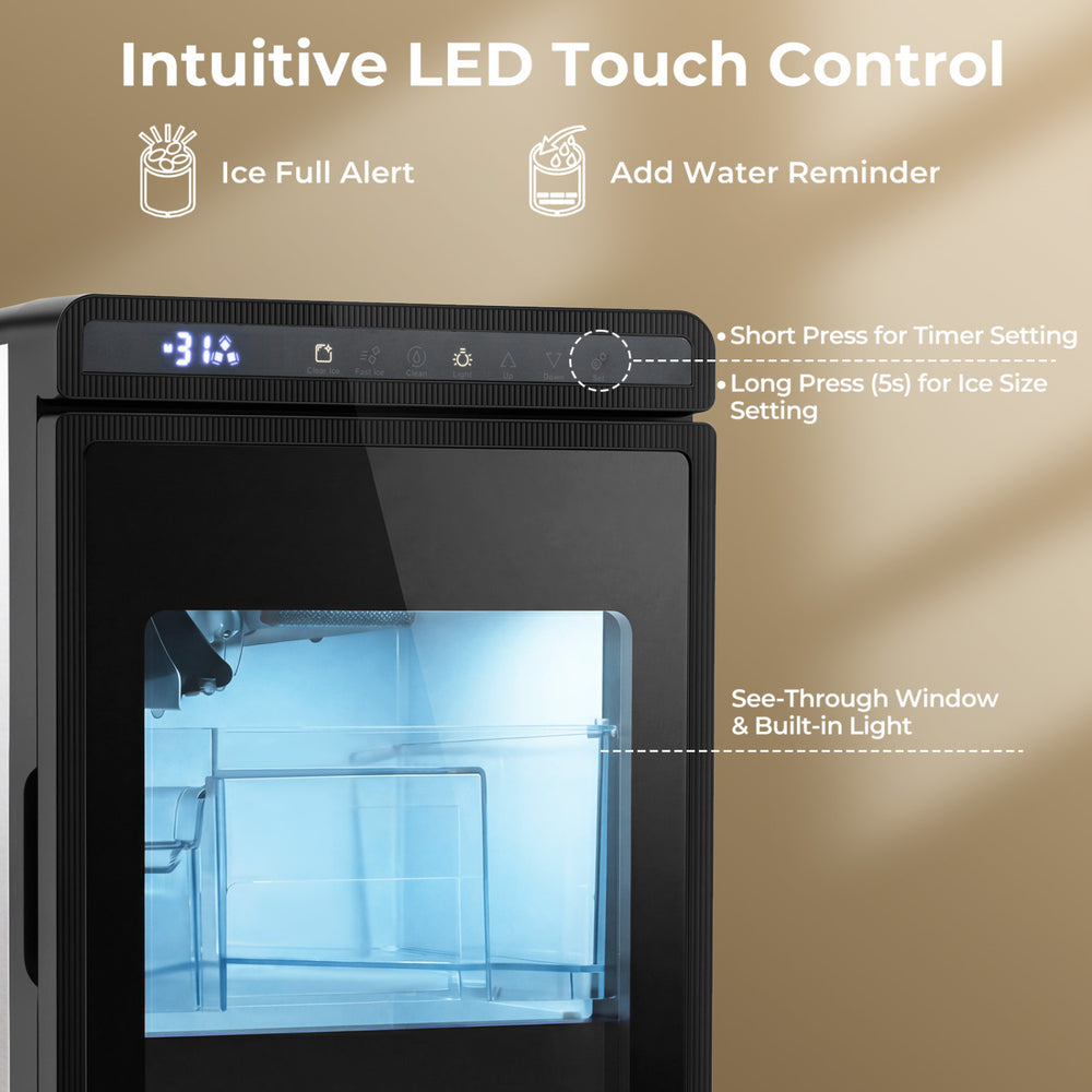 Clear ice cube maker with intuitive LED touch control, producing 1.6-inch cubes for premium drinks and fast chilling.