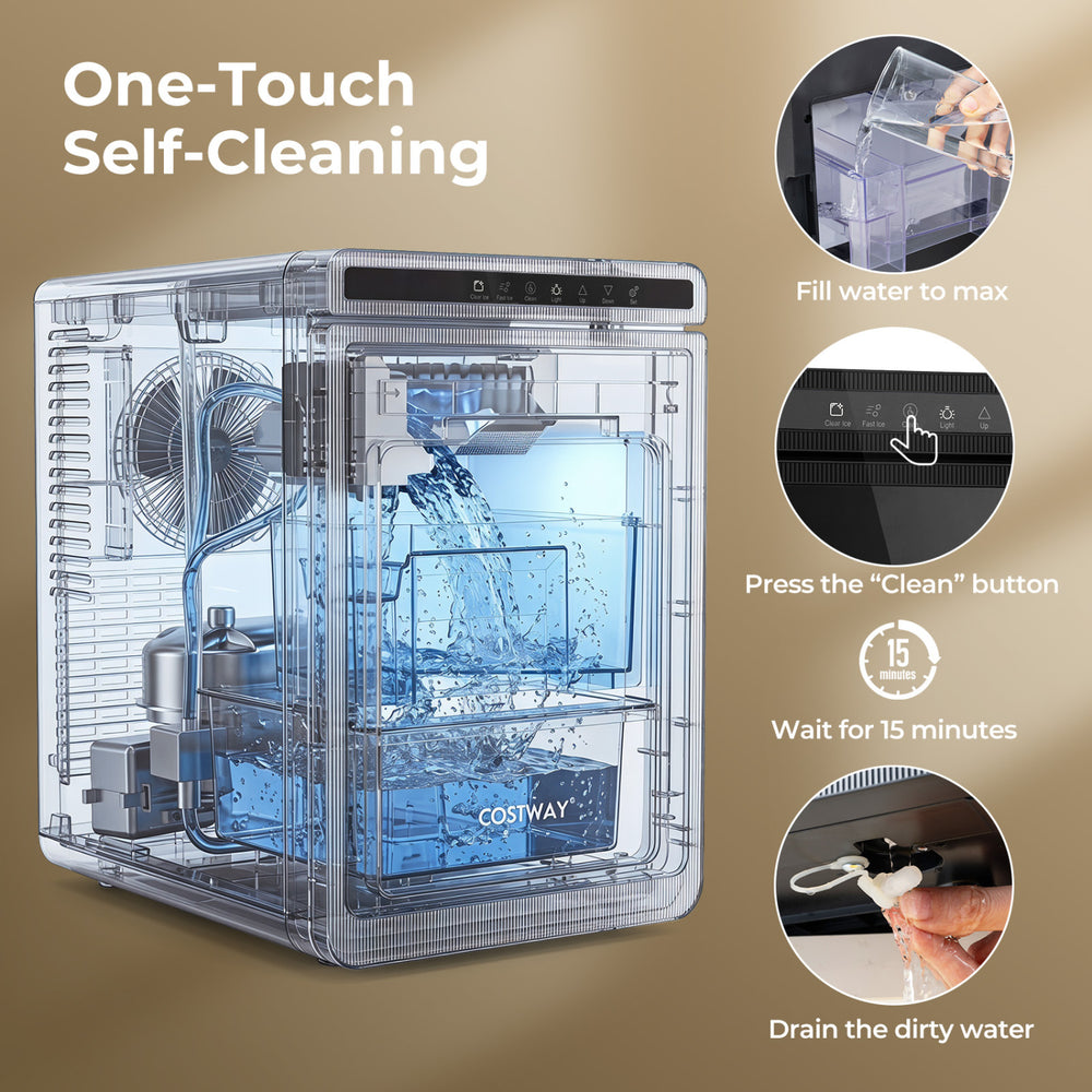 Clear ice cube maker produces 1.6-inch ice cubes with a self-cleaning function and a 0.53-gallon water tank.