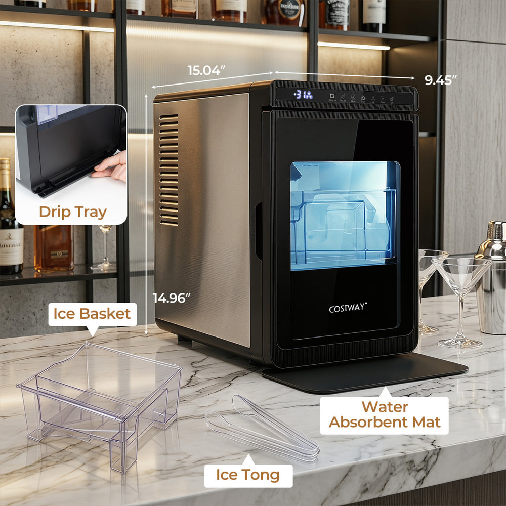 Clear ice cube maker producing 1.6-inch cubes with a 0.53-gallon tank, includes drip tray and ice basket for convenience.