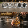Clear ice cube maker producing 1.6-inch cubes with customizable thickness for premium drinks and fast chilling.