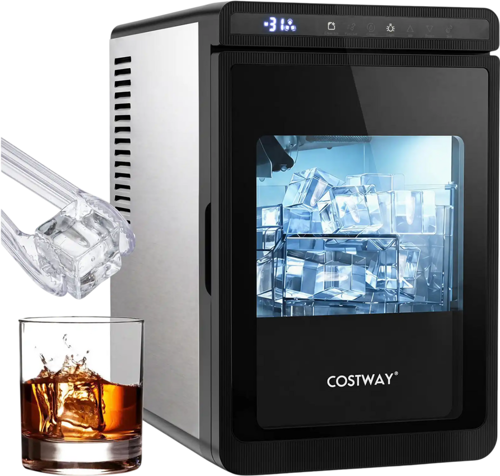 Countertop clear ice cube maker produces 1.6-inch ice cubes with a 26 lbs daily output for premium drinks.