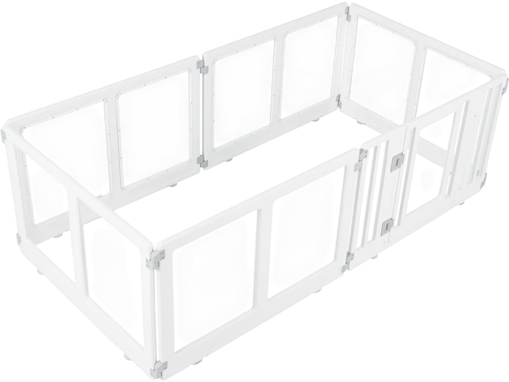 Clear plastic dog playpen with 6 panels and secure locking door, ideal for indoor and outdoor use with small to medium dogs.