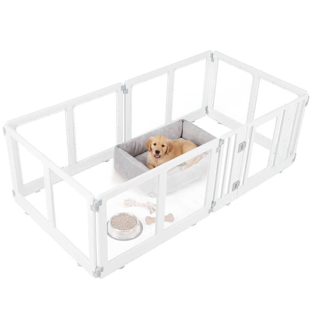 Transparent dog playpen with a secure locking door and thickened HDPE frame, perfect for small to medium dogs indoors.
