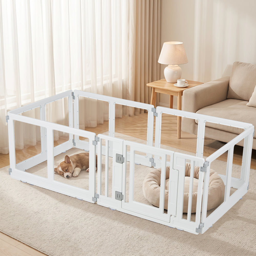 Clear plastic dog playpen with six panels and secure locking door, ideal for small to medium dogs indoors or outdoors.