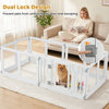 Clear plastic dog playpen with 6 panels and dual safety locks, ideal for indoor and outdoor use with small to medium dogs.