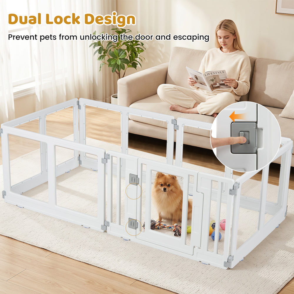 Clear plastic dog playpen with 6 panels and dual safety locks, ideal for indoor and outdoor use with small to medium dogs.