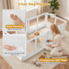 Clear plastic dog playpen with 6 panels features a secure locking door and easy-clean surface for indoor and outdoor use.