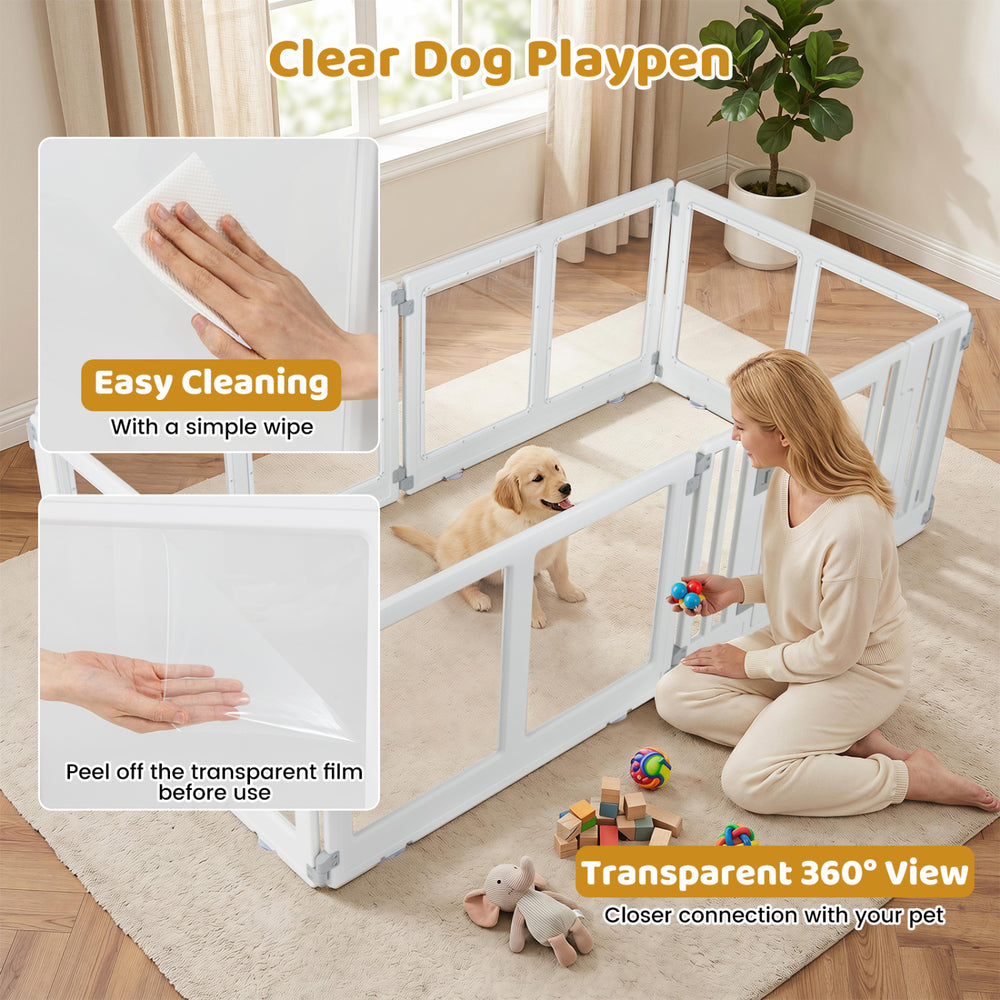 Clear plastic dog playpen with 6 panels features a secure locking door and easy-clean surface for indoor and outdoor use.