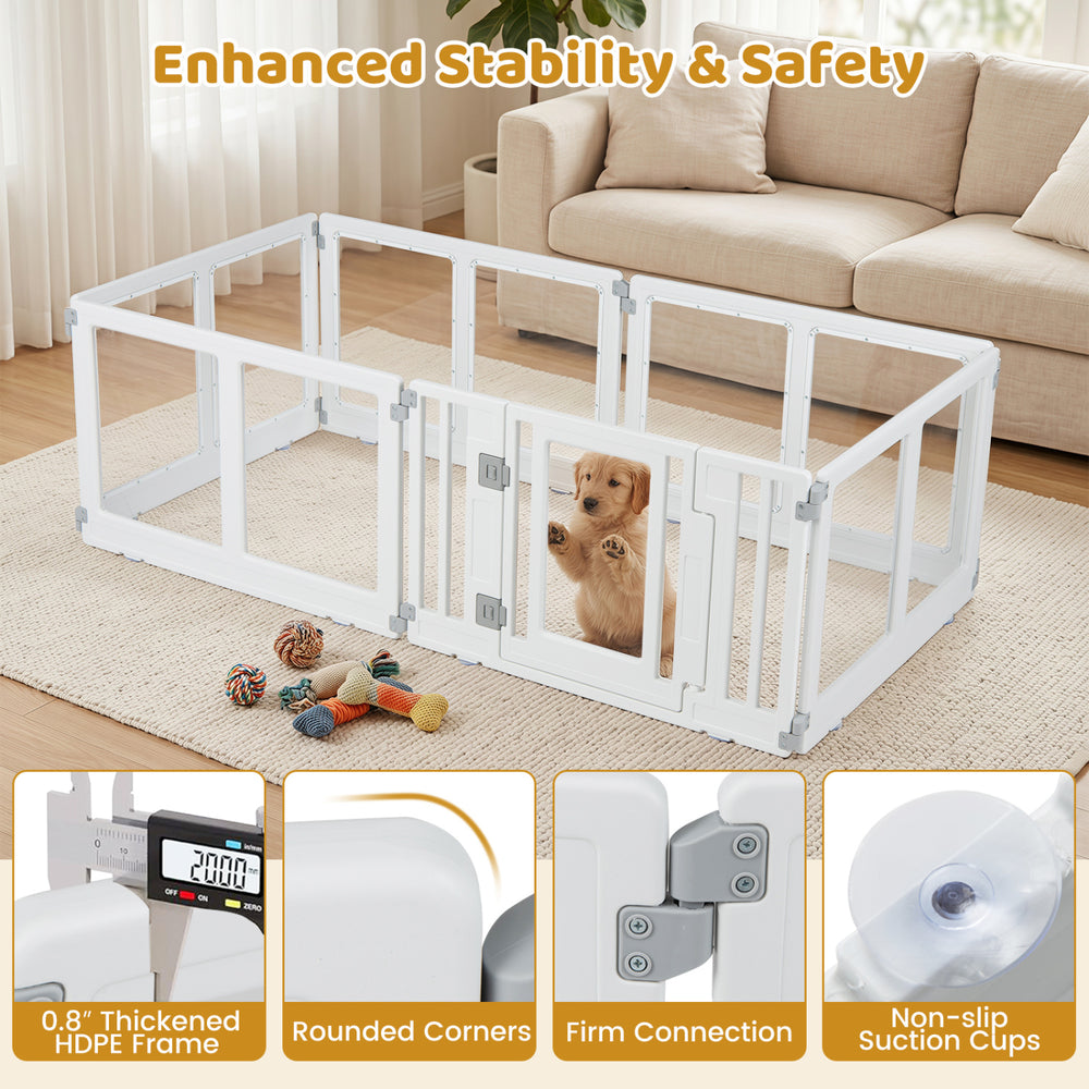 Clear plastic dog playpen with secure locking door, featuring a thickened HDPE frame and non-slip suction cups for stability.