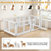 Clear plastic dog playpen with six panels and secure locking door, ideal for small to medium dogs indoors and outdoors.
