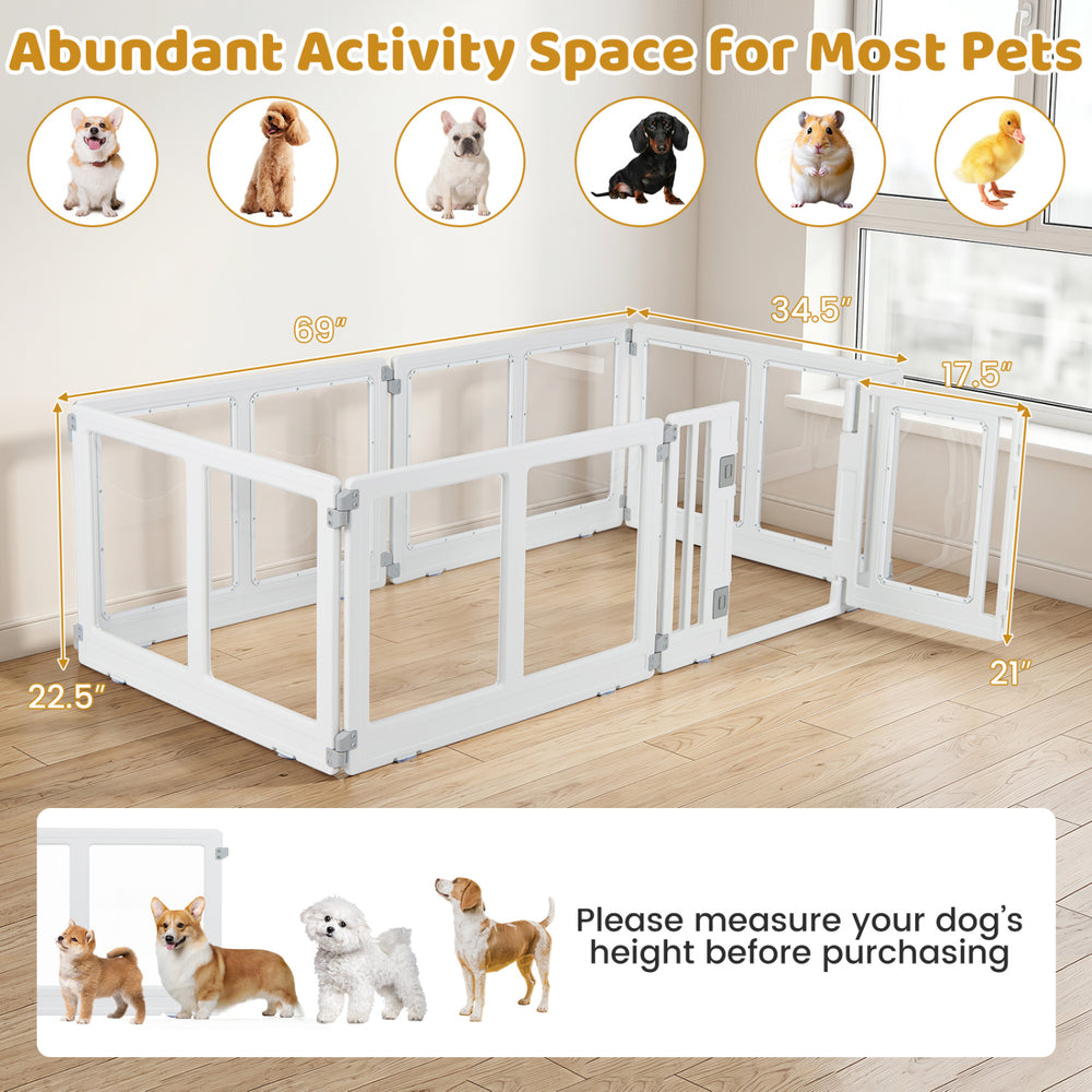 Clear plastic dog playpen with six panels and secure locking door, ideal for small to medium dogs indoors and outdoors.