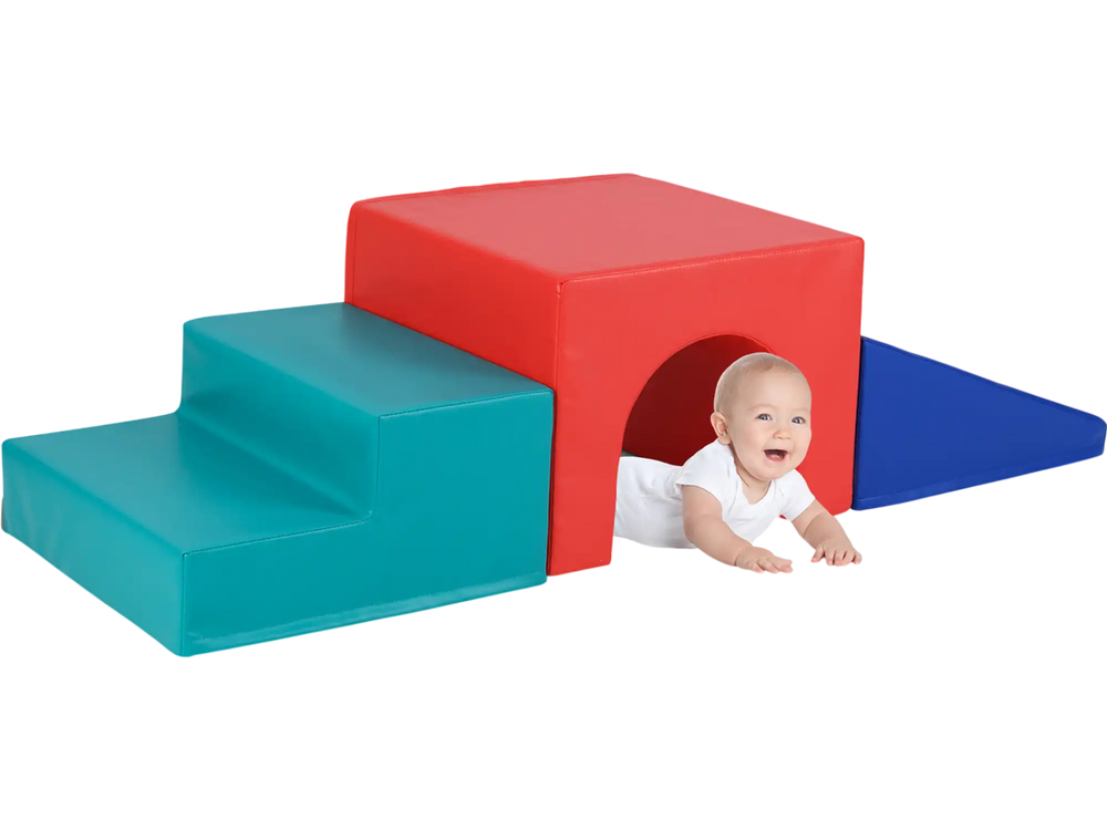 Colorful Climb and Crawl Foam Block Play Set featuring a tunnel, slide, and steps for safe infant play and exploration.
