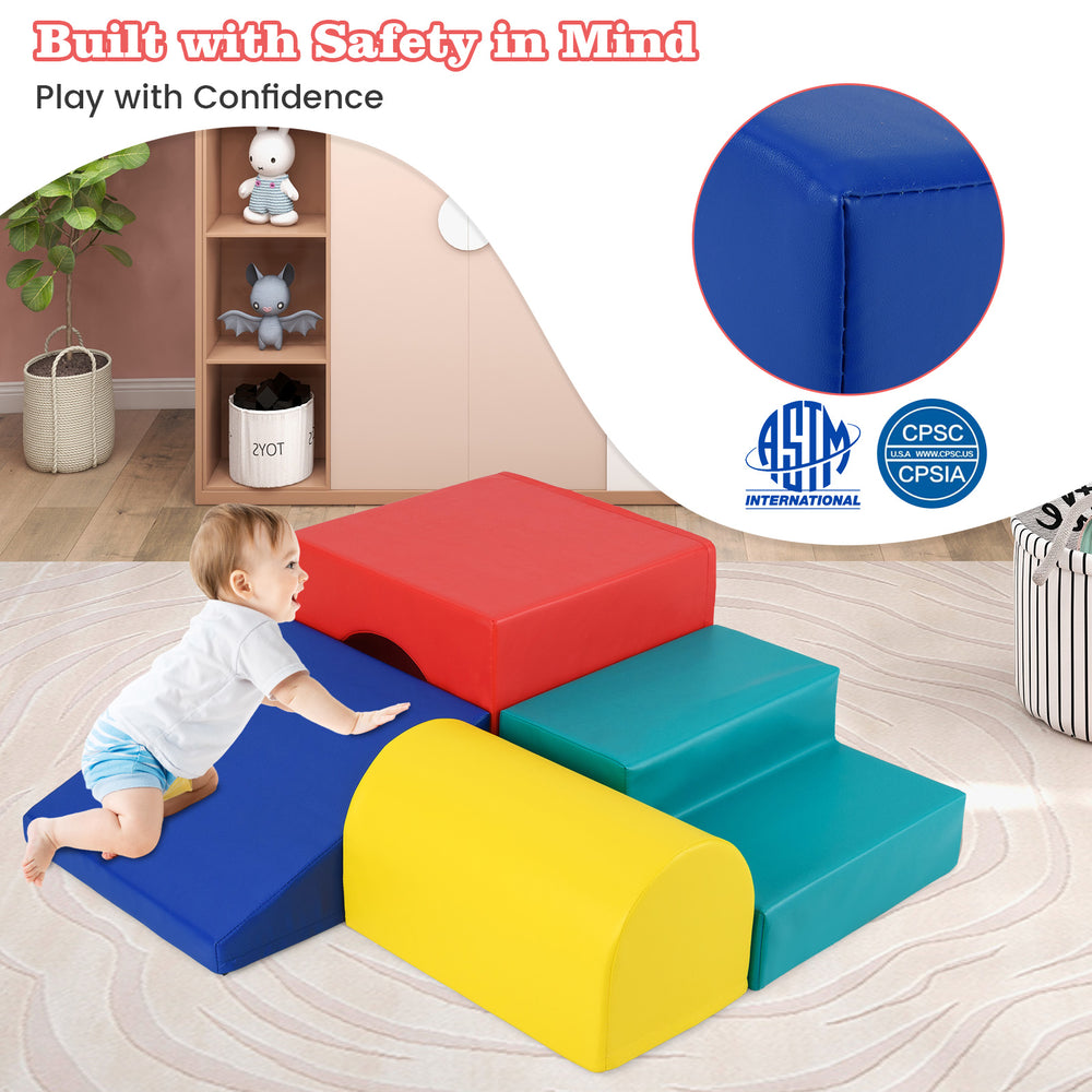 Climb and Crawl Foam Block Play Set in red, featuring a slide, step, and tunnel for safe, creative play for infants.