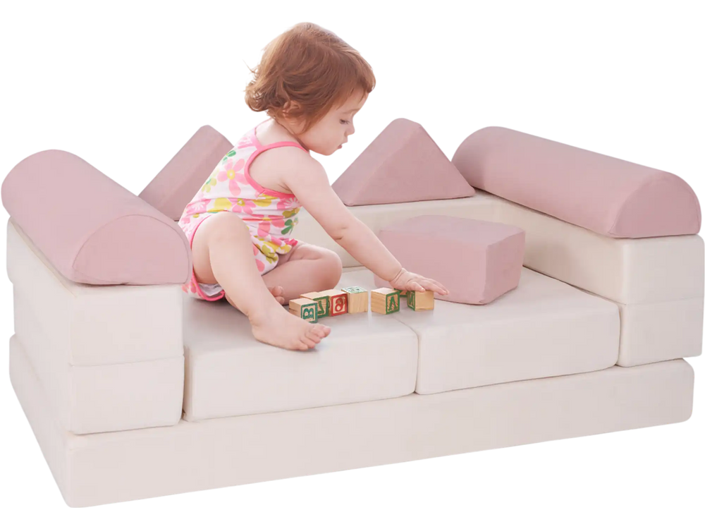 9-piece pink foam playset with breathable suede fabric, configured as a kids couch for fun and comfort.