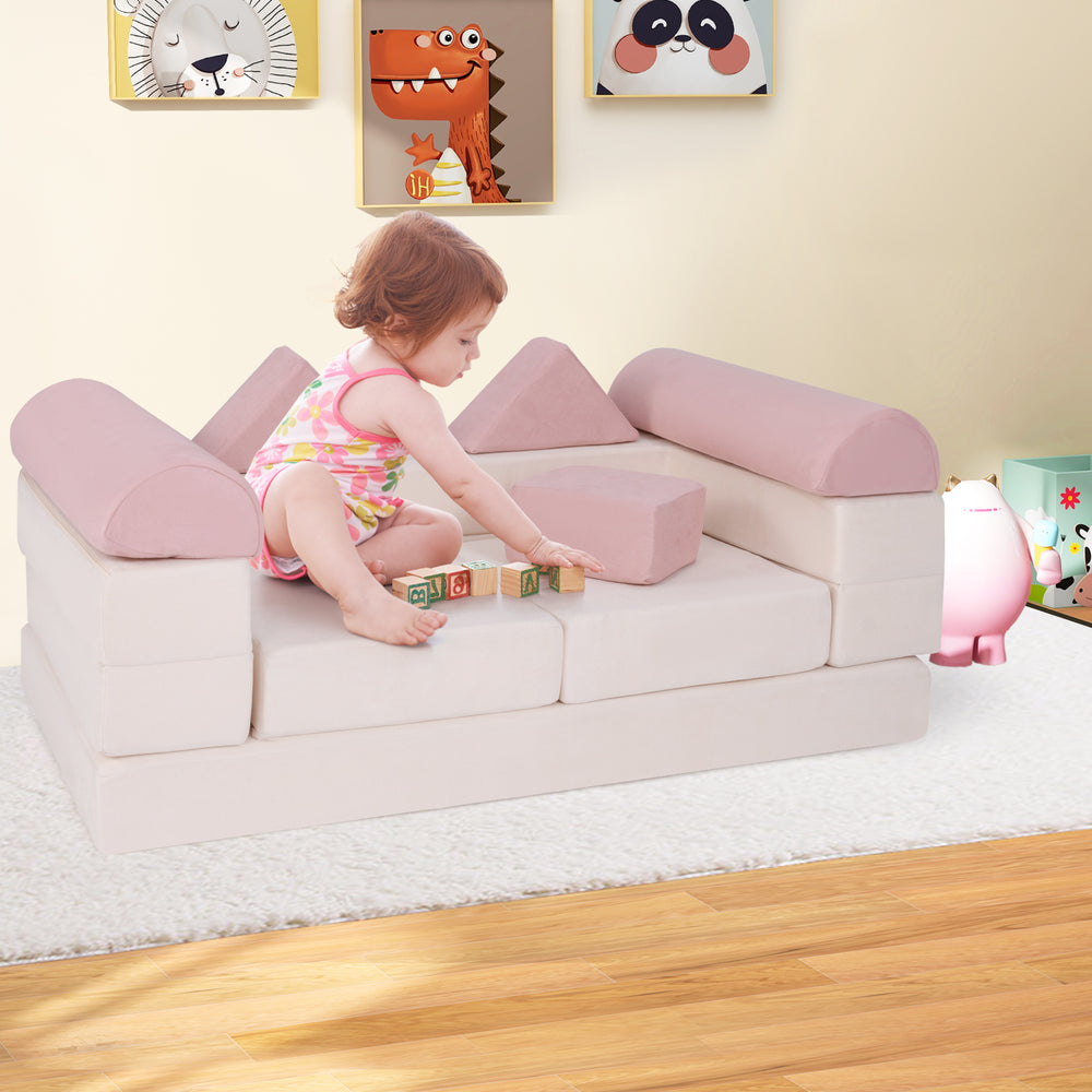 9-Piece Climb and Crawl Foam and Floor Playset with Breathable Suede Fabric-Pink - Gallery View 1 of 10