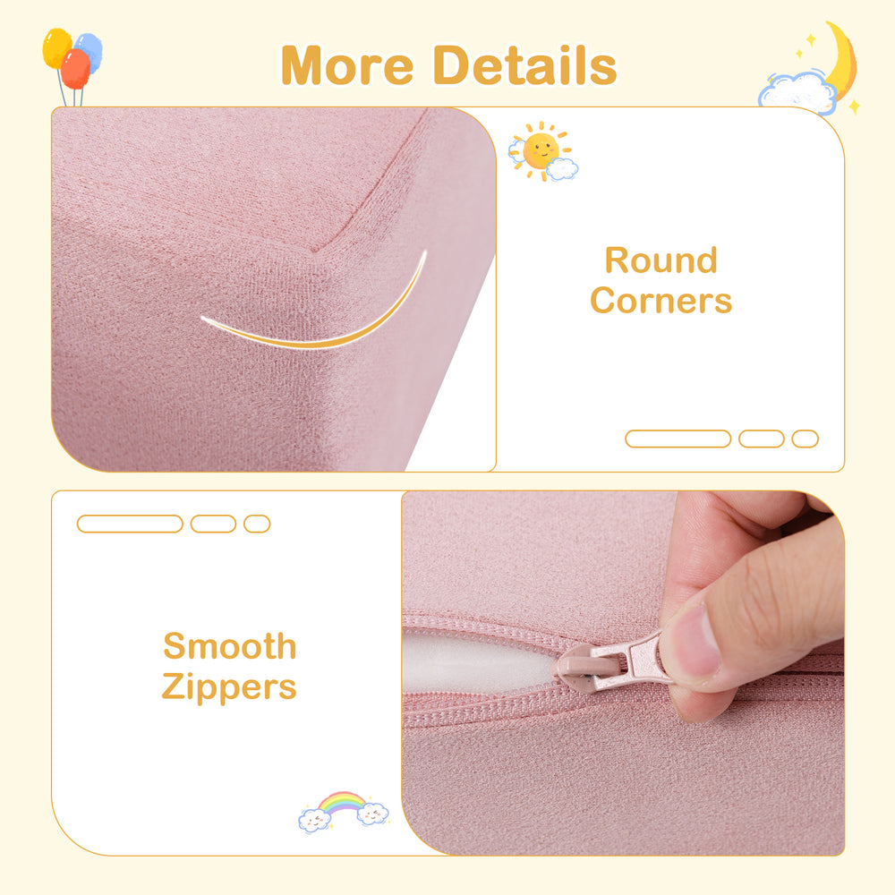 Detail of the 9-piece foam playset showing smooth zippers and round corners, designed for safety and comfort in pink.