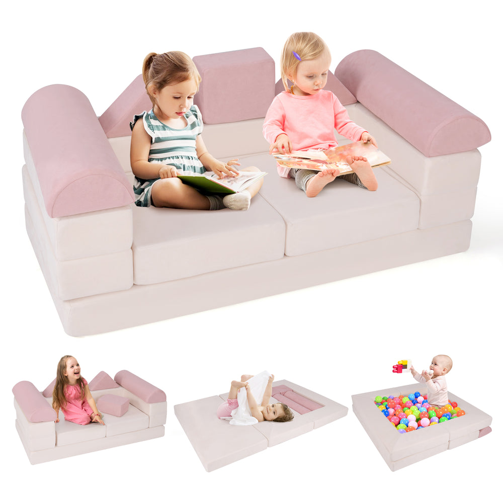 Kids' foam playset in pink, featuring multiple configurations for a couch, bed, or ball pit, with soft suede fabric.