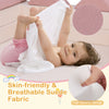9-piece foam playset in pink with breathable suede fabric, featuring a child playing and showcasing soft, stackable.