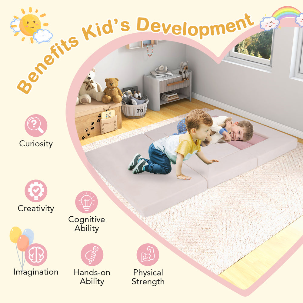 9-piece pink foam playset with breathable suede fabric, ideal for kids' creativity and physical strength development.