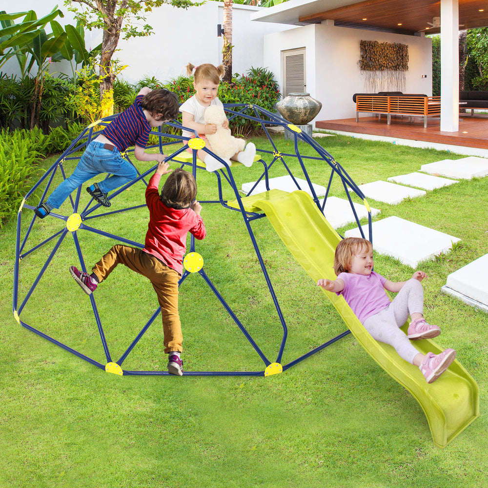 Colorful 13.3 FT climbing dome with extended wavy slide and two rest platforms for outdoor fun and play.
