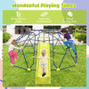Geometric climbing dome with extended wavy slide and two rest platforms for kids' outdoor play and skill development.
