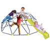 Multicolor 13.3 FT climbing dome with extended wavy slide and two rest platforms for outdoor play and fun.