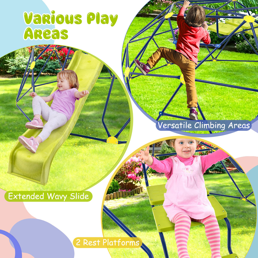 Extended wavy slide and two rest platforms on a multicolor 13.3 FT climbing dome for outdoor fun and play.