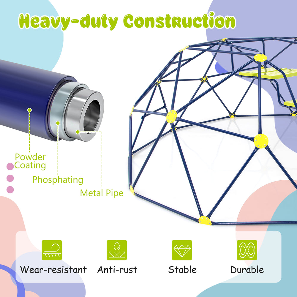Heavy-duty metal pipe construction of the 13.3 FT climbing dome climber with wavy slide and rest platforms for kids.