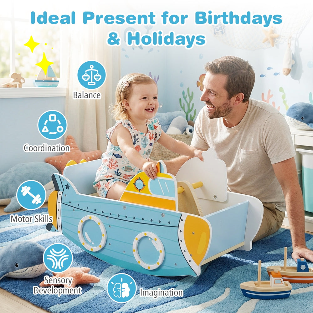 Submarine wooden climbing toy with rotating propeller, designed for balance and coordination, perfect for kids'.